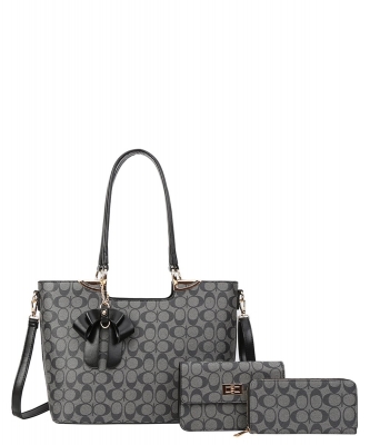 3in1 Oval Monogram Flower Tassel Handbag Wallet Set FT-8093S BLACK